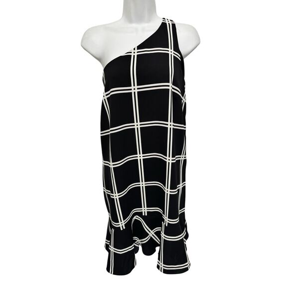 bar III Women's Grid One Shoulder Mini Dress Size XL Black Ruffle Whimsygoth - Picture 4 of 6